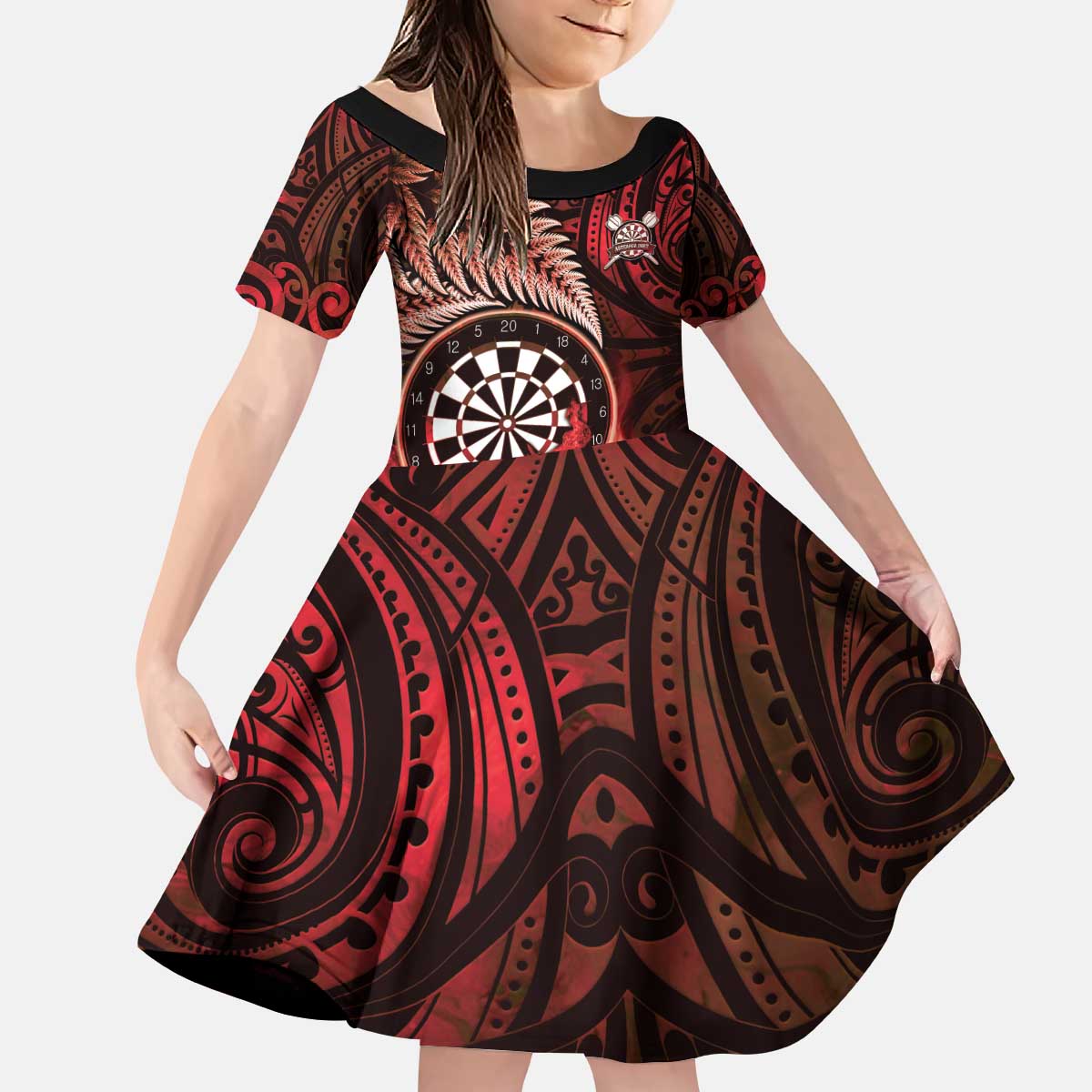 Personalised New Zealand Darts Kid Short Sleeve Dress Maori Koru Dartboard Red Flame