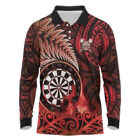 Personalised New Zealand Darts Long Sleeve Polo Shirt Maori Koru Dartboard Red Flame