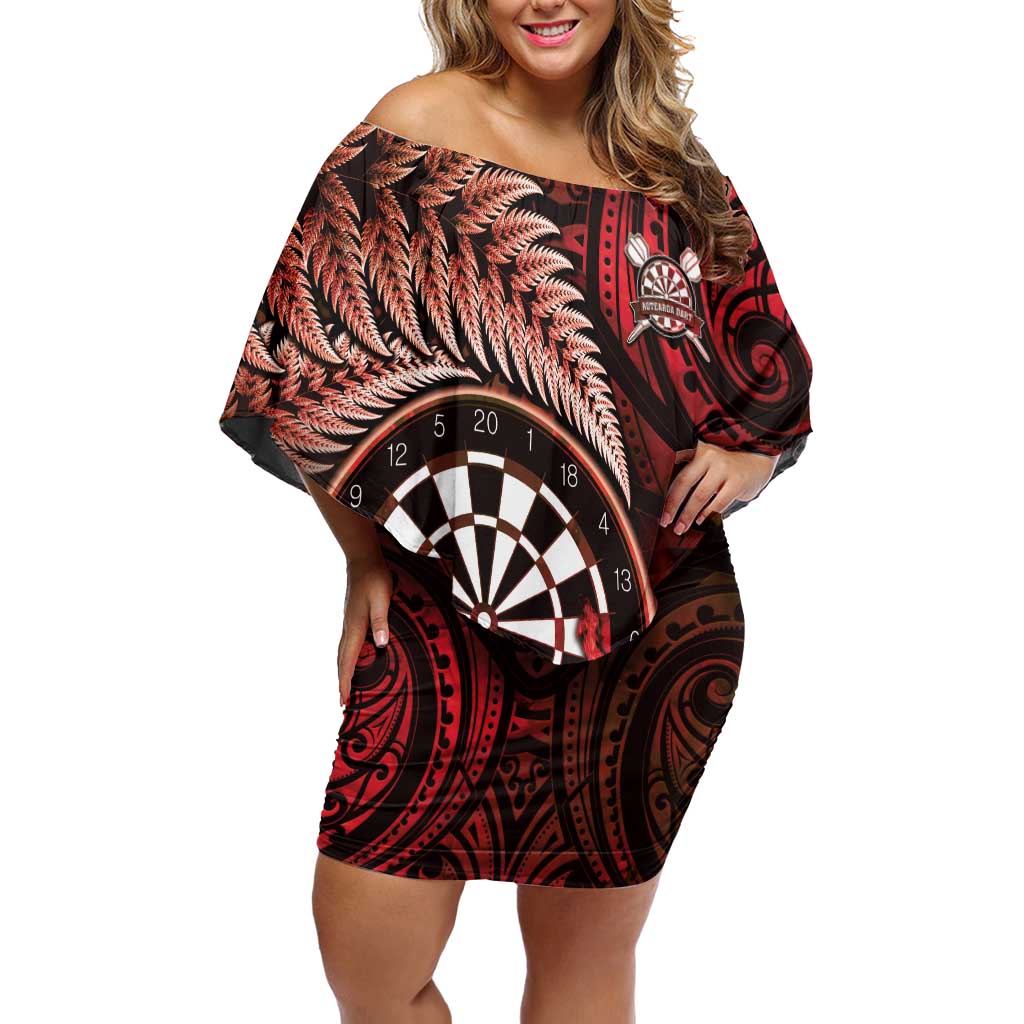 Personalised New Zealand Darts Off Shoulder Short Dress Maori Koru Dartboard Red Flame