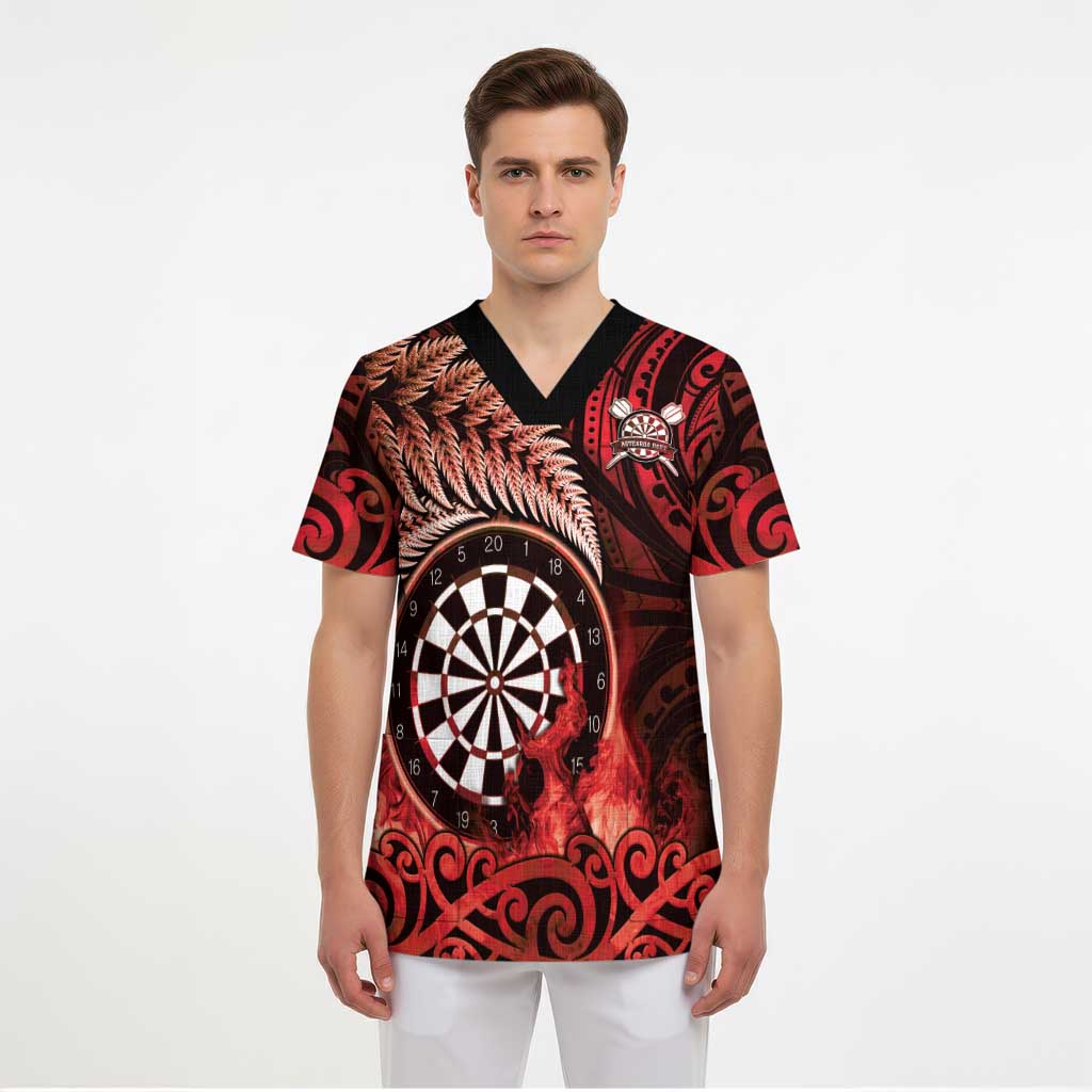 Personalised New Zealand Darts Scrub Top Maori Koru Dartboard Red Flame - Polynesian Pride