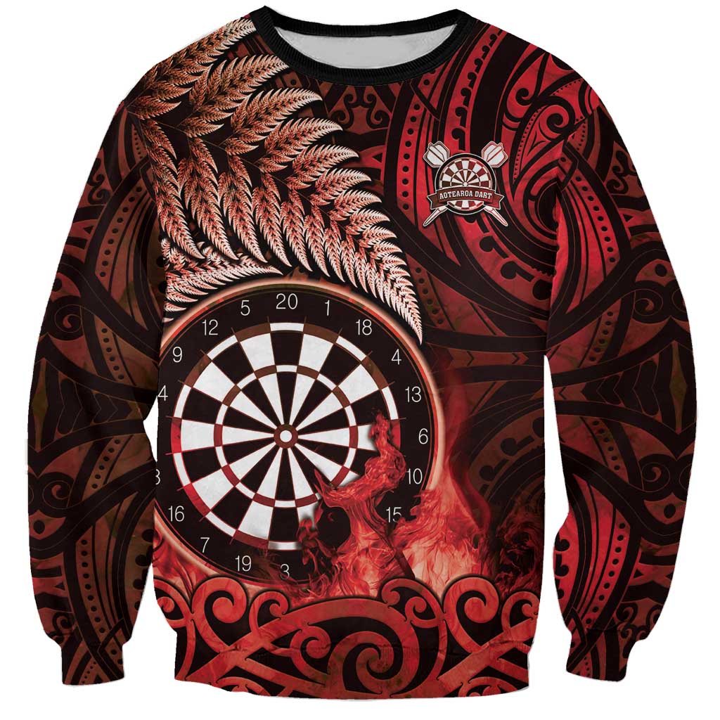 Personalised New Zealand Darts Sweatshirt Maori Koru Dartboard Red Flame