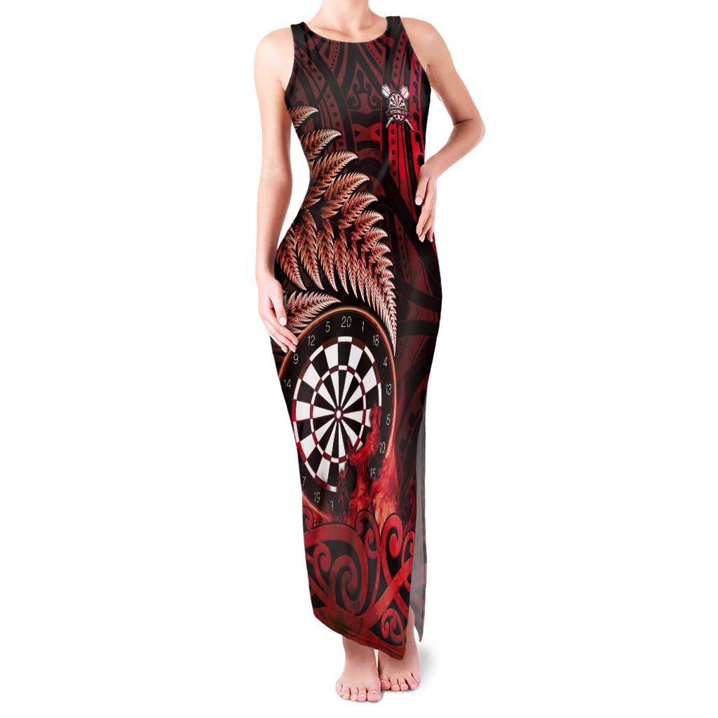 Personalised New Zealand Darts Tank Maxi Dress Maori Koru Dartboard Red Flame
