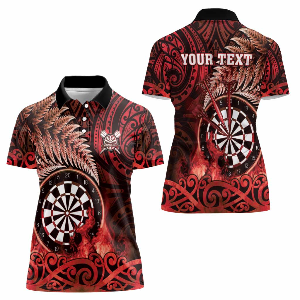 Personalised New Zealand Darts Women Polo Shirt Maori Koru Dartboard Red Flame