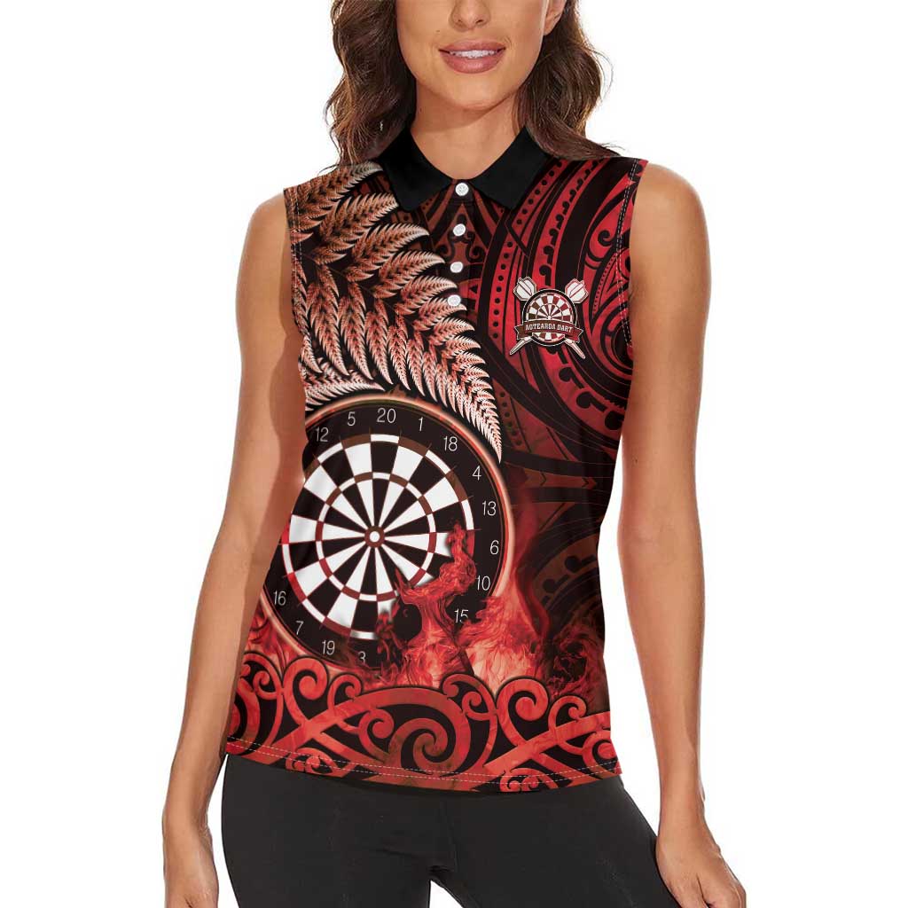 Personalised New Zealand Darts Women Sleeveless Polo Shirt Maori Koru Dartboard Red Flame