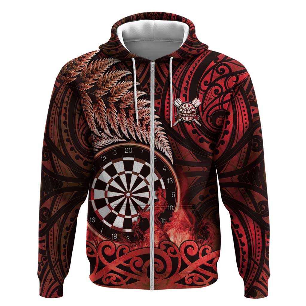 Personalised New Zealand Darts Zip Hoodie Maori Koru Dartboard Red Flame