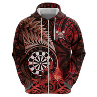 Personalised New Zealand Darts Zip Hoodie Maori Koru Dartboard Red Flame