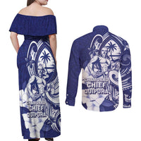 Guam Chief Quipuha Couples Matching Off Shoulder Maxi Dress and Long Sleeve Button Shirt Polynesian Pattern With Guasali Flowers