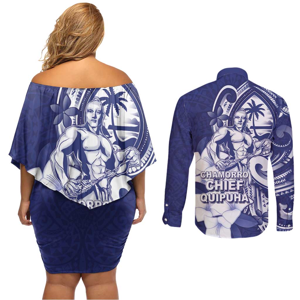 Guam Chief Quipuha Couples Matching Off Shoulder Short Dress and Long Sleeve Button Shirt Polynesian Pattern With Guasali Flowers