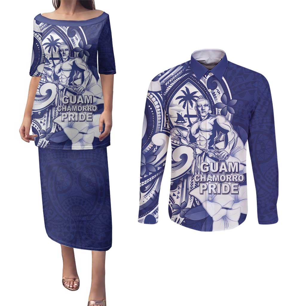 Guam Chief Quipuha Couples Matching Puletasi and Long Sleeve Button Shirt Polynesian Pattern With Guasali Flowers