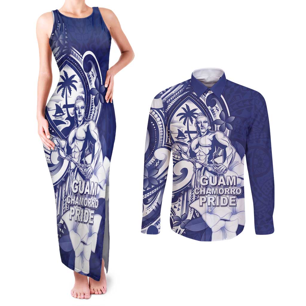 Guam Chief Quipuha Couples Matching Tank Maxi Dress and Long Sleeve Button Shirt Polynesian Pattern With Guasali Flowers