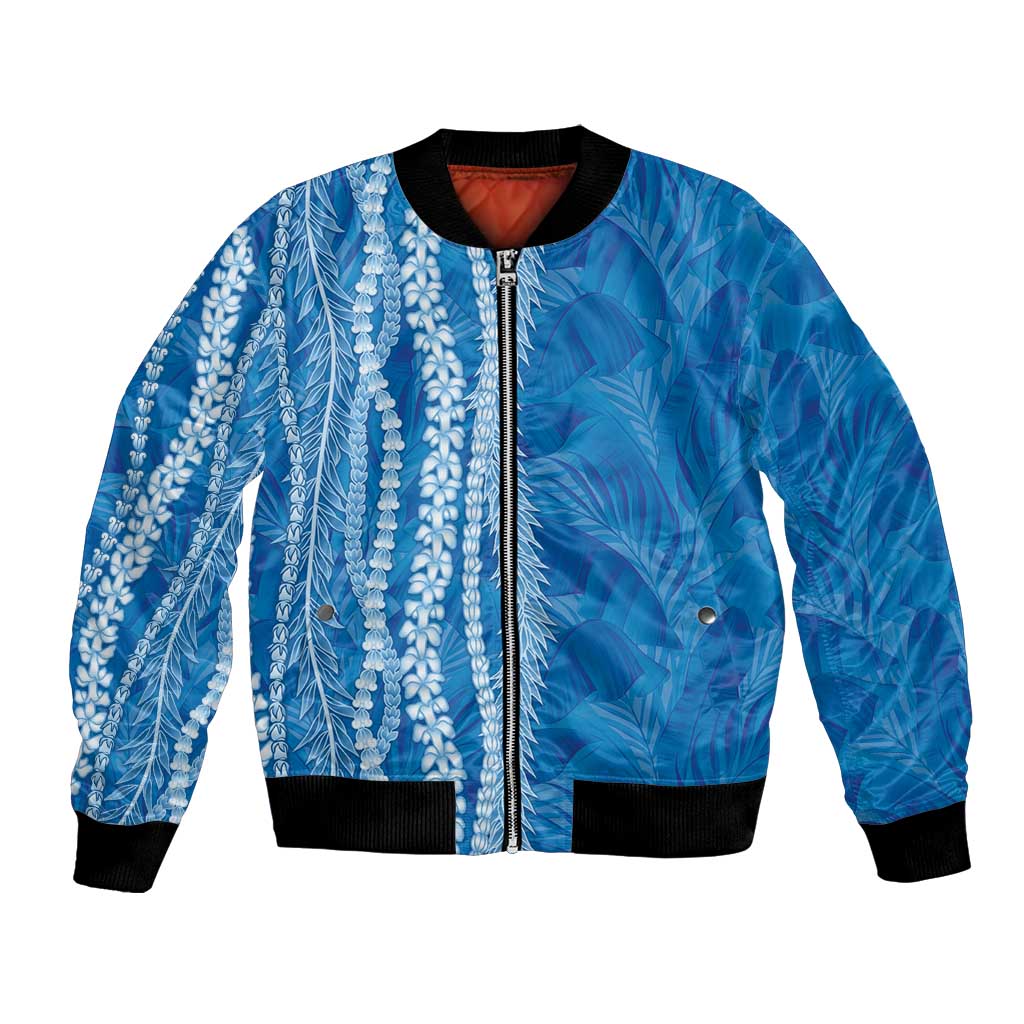 Hawaii Prince Kuhio Bomber Jacket Blue Hawaiian Lau Maia With Leis LT05 Unisex Blue - Polynesian Pride