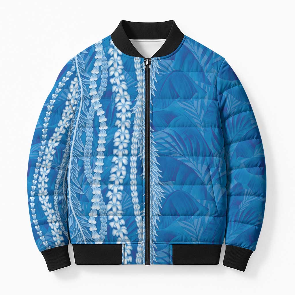 Hawaii Prince Kuhio Bomber Puffer Jacket Blue Hawaiian Lau Maia With Leis LT05 Unisex Blue - Polynesian Pride