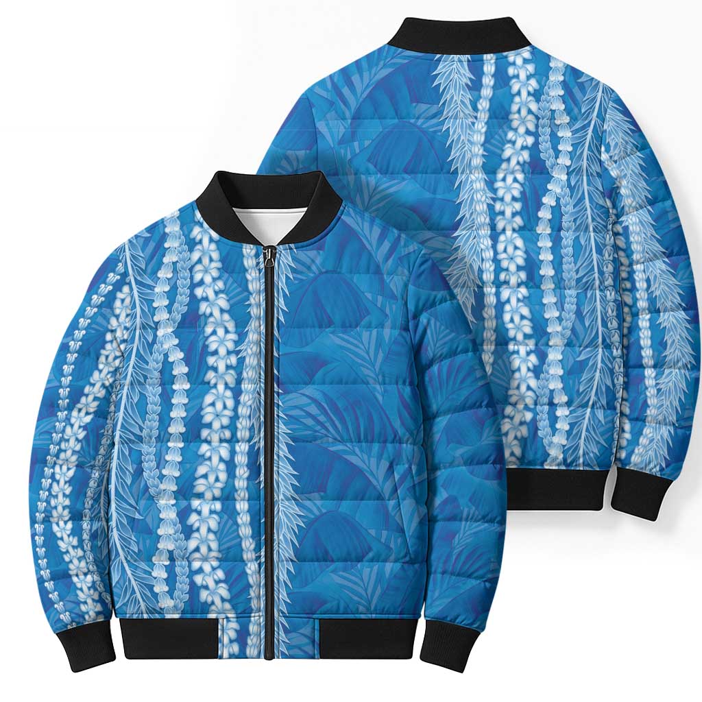 Hawaii Prince Kuhio Bomber Puffer Jacket Blue Hawaiian Lau Maia With Leis LT05 - Polynesian Pride