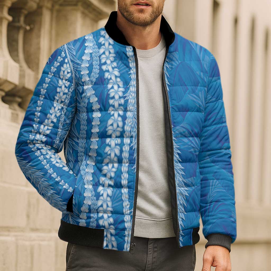 Hawaii Prince Kuhio Bomber Puffer Jacket Blue Hawaiian Lau Maia With Leis LT05 - Polynesian Pride