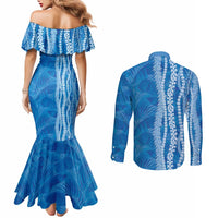 Hawaii Prince Kuhio Couples Matching Mermaid Dress and Long Sleeve Button Shirt Blue Hawaiian Lau Maia With Leis