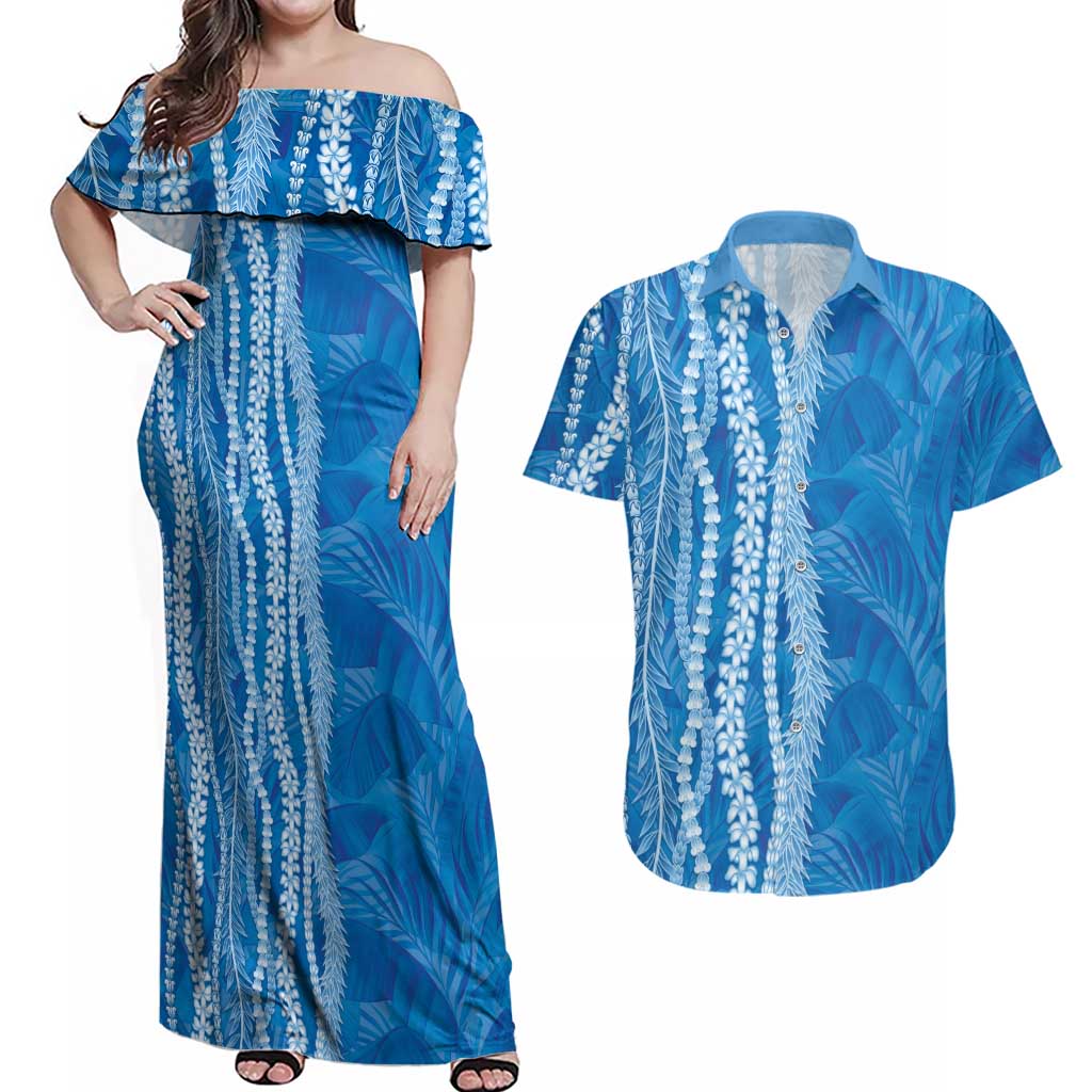 Hawaii Prince Kuhio Couples Matching Off Shoulder Maxi Dress and Hawaiian Shirt Blue Hawaiian Lau Maia With Leis
