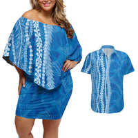 Hawaii Prince Kuhio Couples Matching Off Shoulder Short Dress and Hawaiian Shirt Blue Hawaiian Lau Maia With Leis
