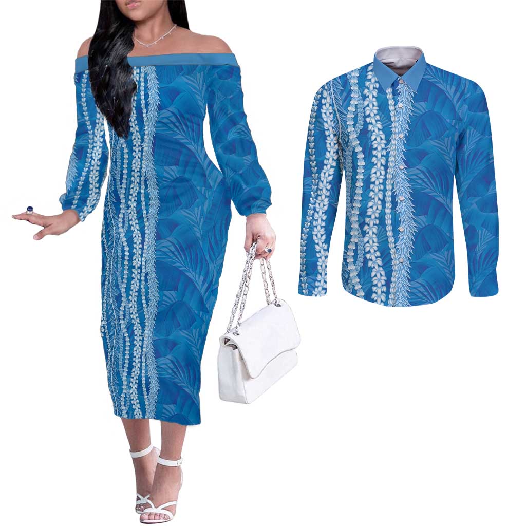 Hawaii Prince Kuhio Couples Matching Off The Shoulder Long Sleeve Dress and Long Sleeve Button Shirt Blue Hawaiian Lau Maia With Leis