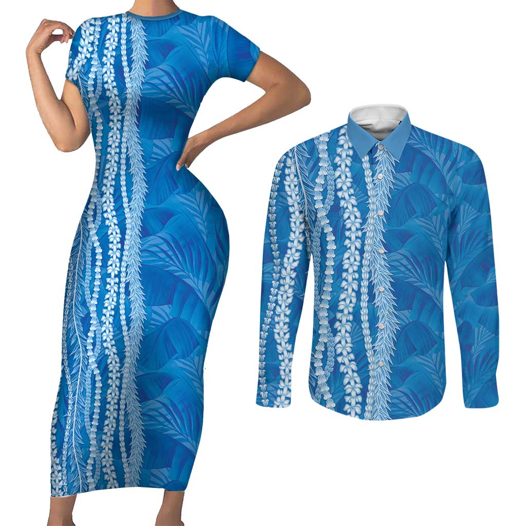 Hawaii Prince Kuhio Couples Matching Short Sleeve Bodycon Dress and Long Sleeve Button Shirt Blue Hawaiian Lau Maia With Leis