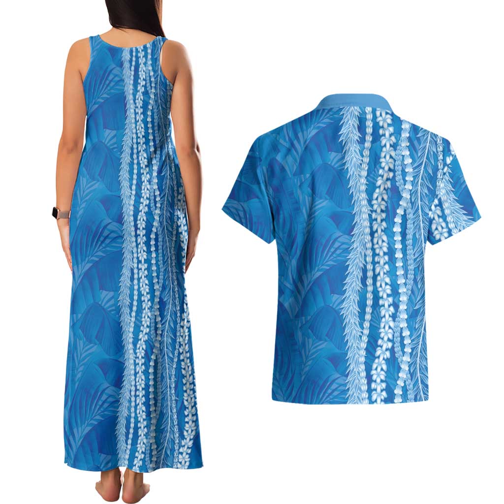 Hawaii Prince Kuhio Couples Matching Tank Maxi Dress and Hawaiian Shirt Blue Hawaiian Lau Maia With Leis