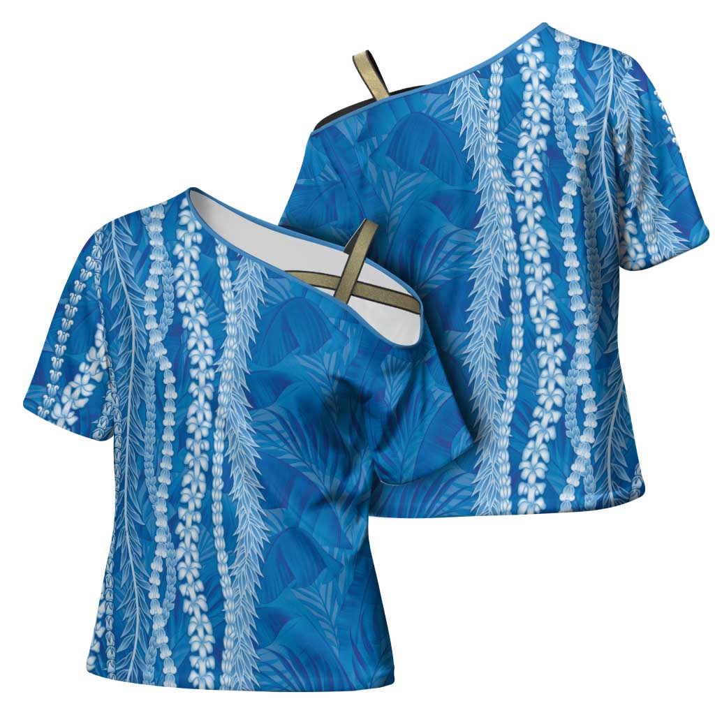 Hawaii Prince Kuhio Cross Shoulder Shirt Blue Hawaiian Lau Maia With Leis LT05 - Polynesian Pride