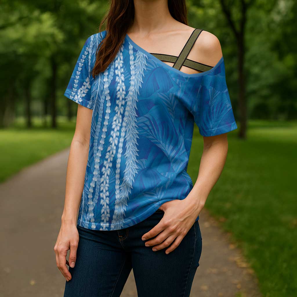 Hawaii Prince Kuhio Cross Shoulder Shirt Blue Hawaiian Lau Maia With Leis LT05 - Polynesian Pride