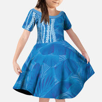 Hawaii Prince Kuhio Family Matching Off The Shoulder Long Sleeve Dress and Hawaiian Shirt Blue Hawaiian Lau Maia With Leis
