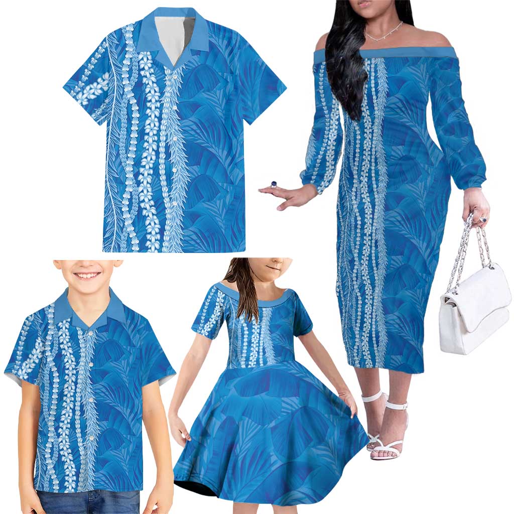Hawaii Prince Kuhio Family Matching Off The Shoulder Long Sleeve Dress and Hawaiian Shirt Blue Hawaiian Lau Maia With Leis