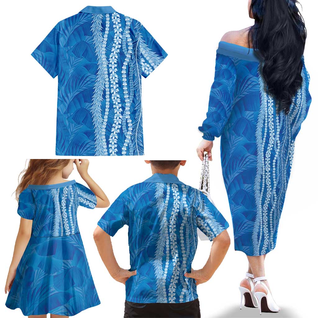 Hawaii Prince Kuhio Family Matching Off The Shoulder Long Sleeve Dress and Hawaiian Shirt Blue Hawaiian Lau Maia With Leis