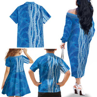 Hawaii Prince Kuhio Family Matching Off The Shoulder Long Sleeve Dress and Hawaiian Shirt Blue Hawaiian Lau Maia With Leis