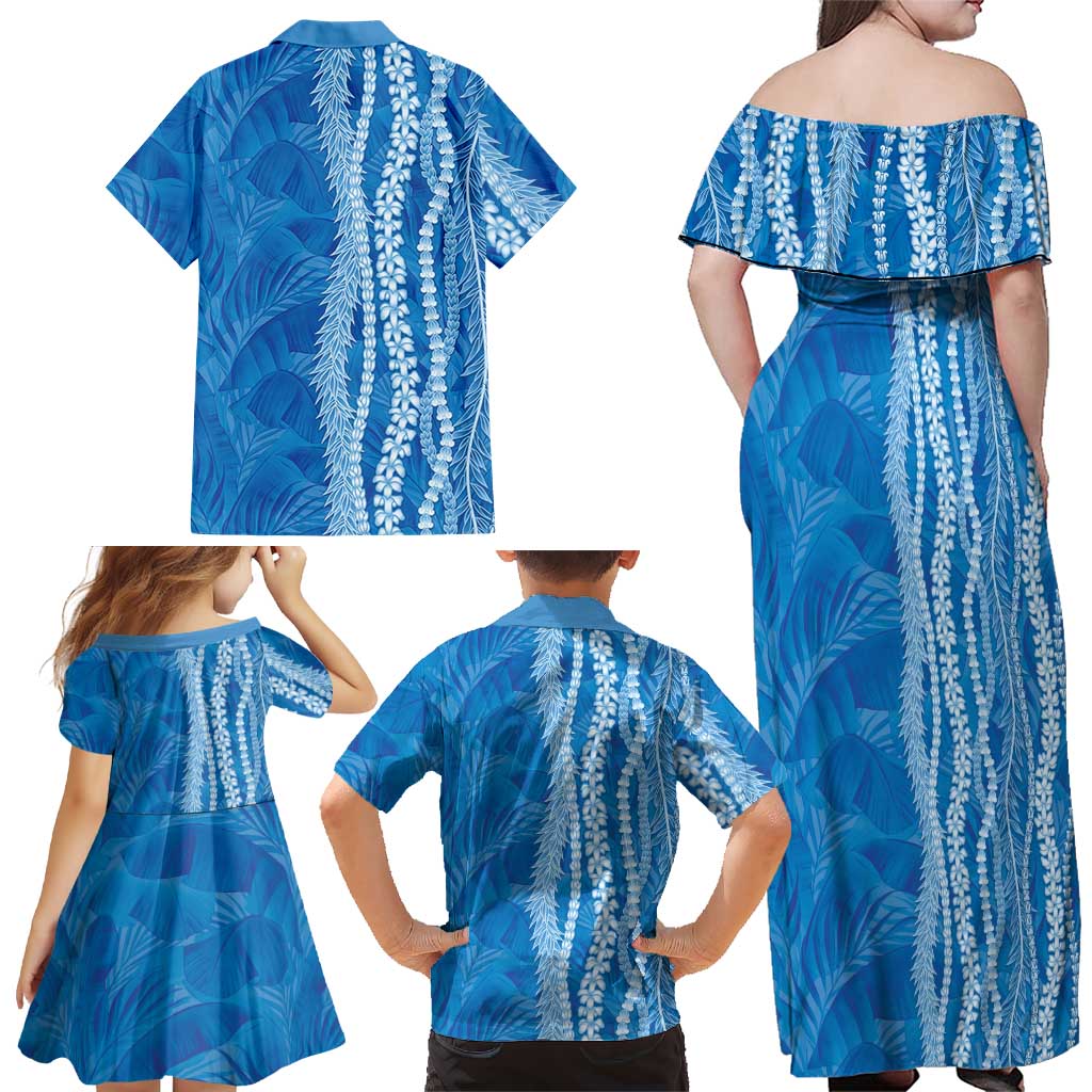 Hawaii Prince Kuhio Family Matching Off Shoulder Maxi Dress and Hawaiian Shirt Blue Hawaiian Lau Maia With Leis