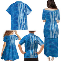 Hawaii Prince Kuhio Family Matching Puletasi and Hawaiian Shirt Blue Hawaiian Lau Maia With Leis