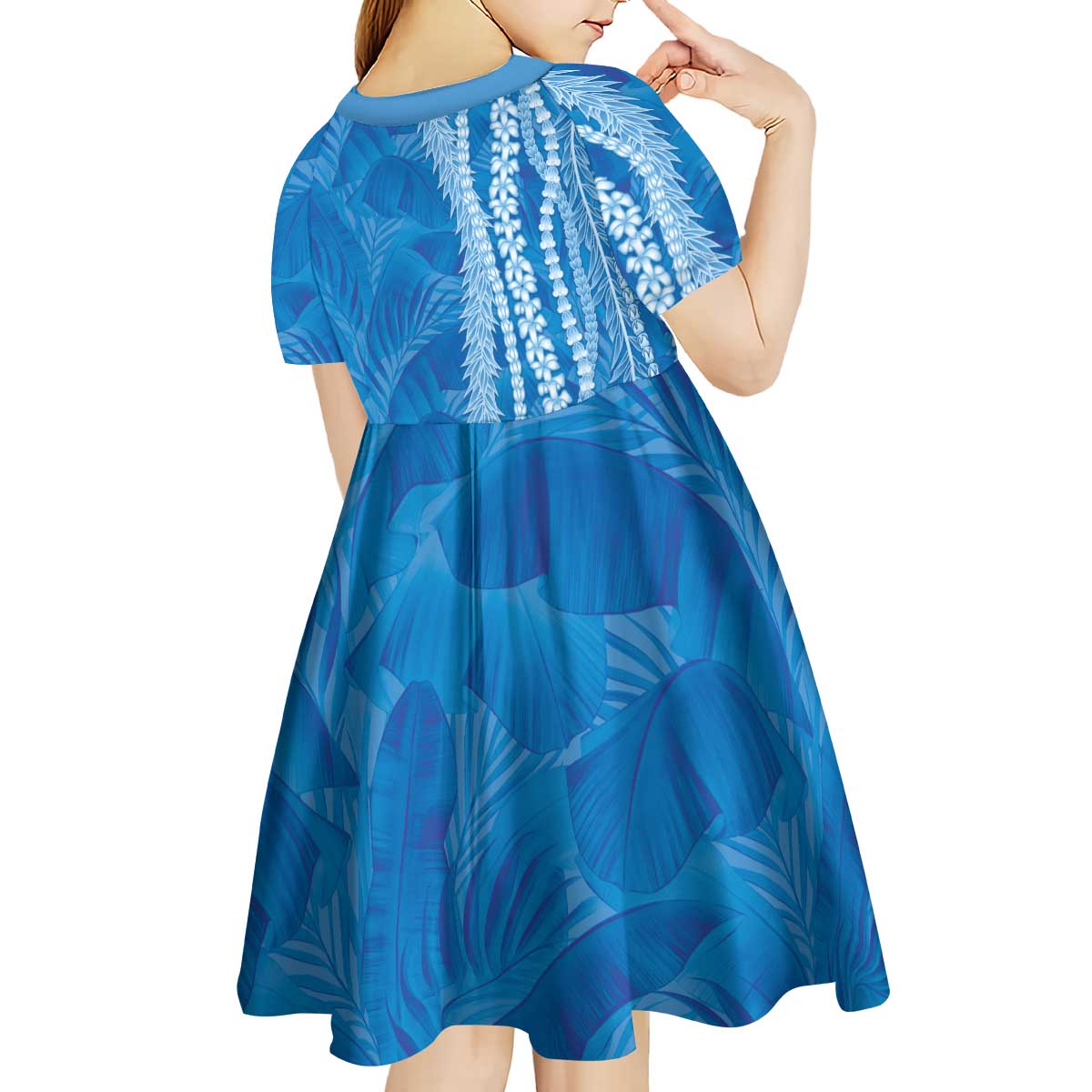 Hawaii Prince Kuhio Kid Short Sleeve Dress Blue Hawaiian Lau Maia With Leis LT05 - Polynesian Pride