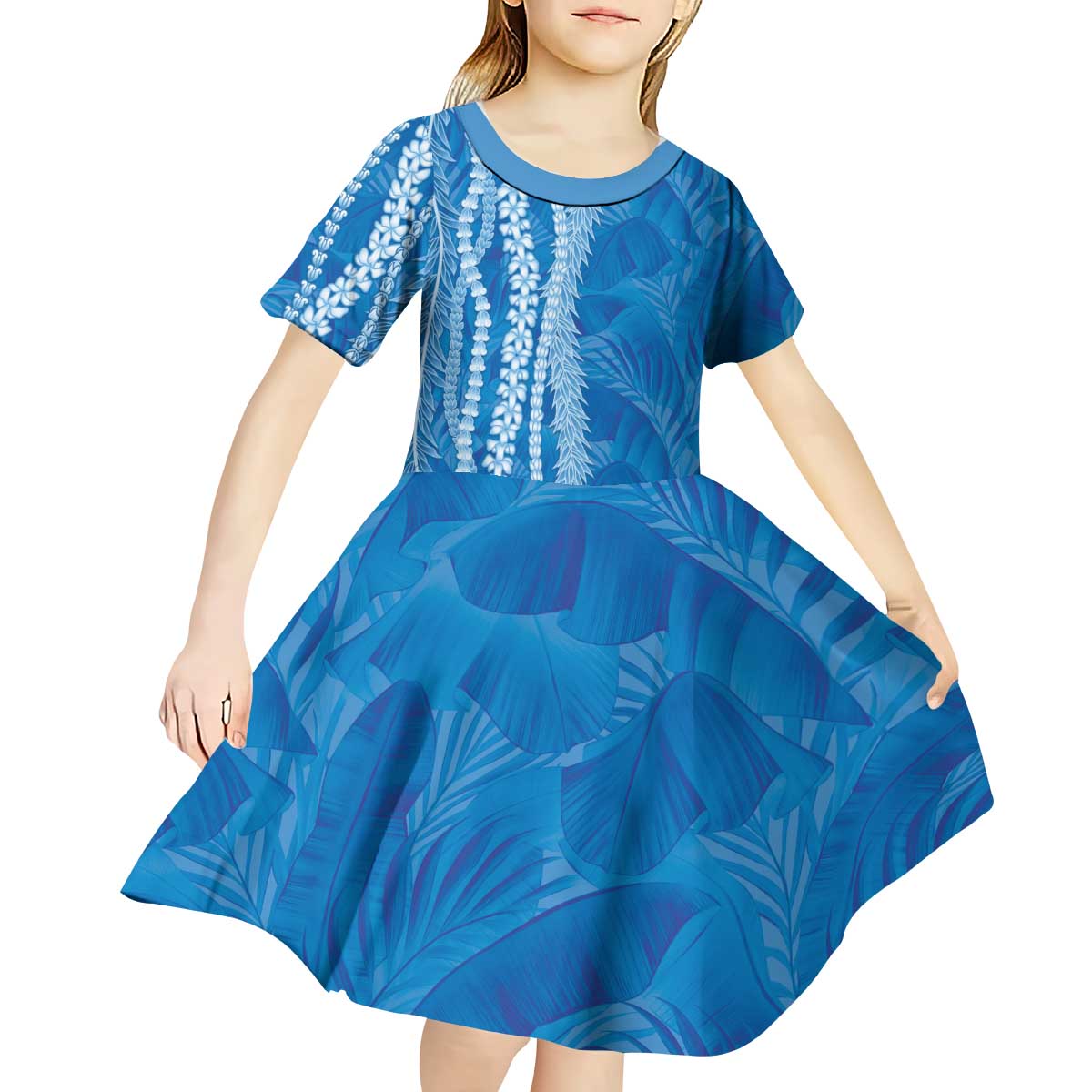 Hawaii Prince Kuhio Kid Short Sleeve Dress Blue Hawaiian Lau Maia With Leis LT05 - Polynesian Pride