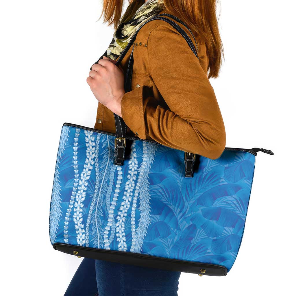 Hawaii Prince Kuhio Leather Tote Bag Blue Hawaiian Lau Maia With Leis LT05 Blue - Polynesian Pride