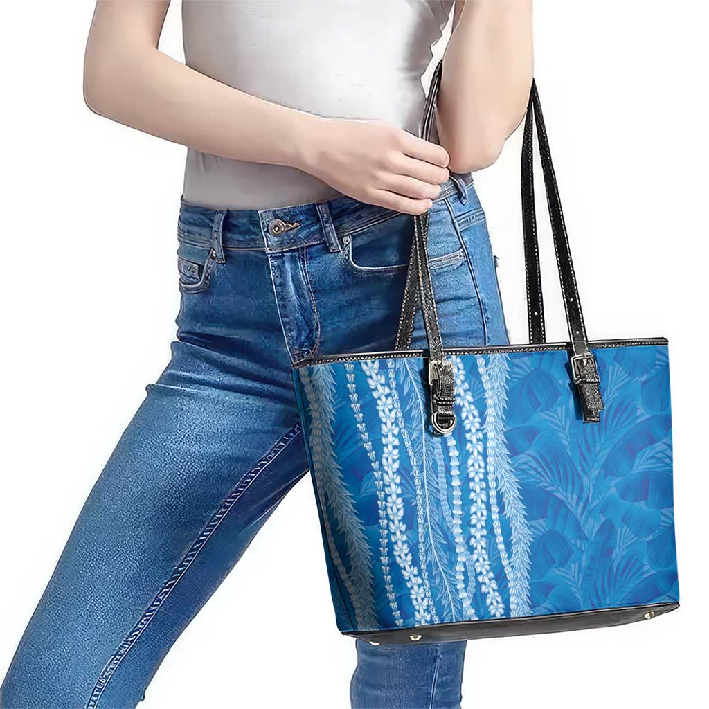 Hawaii Prince Kuhio Leather Tote Bag Blue Hawaiian Lau Maia With Leis LT05 - Polynesian Pride
