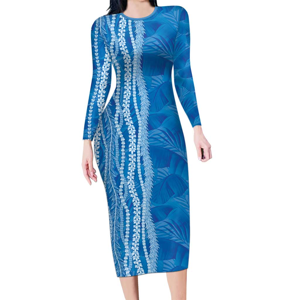 Hawaii Prince Kuhio Long Sleeve Bodycon Dress Blue Hawaiian Lau Maia With Leis LT05 Long Dress Blue - Polynesian Pride