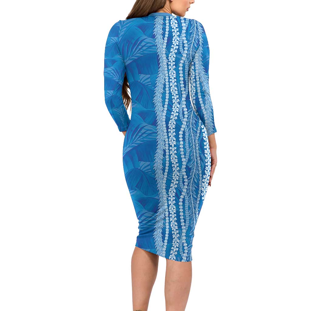 Hawaii Prince Kuhio Long Sleeve Bodycon Dress Blue Hawaiian Lau Maia With Leis