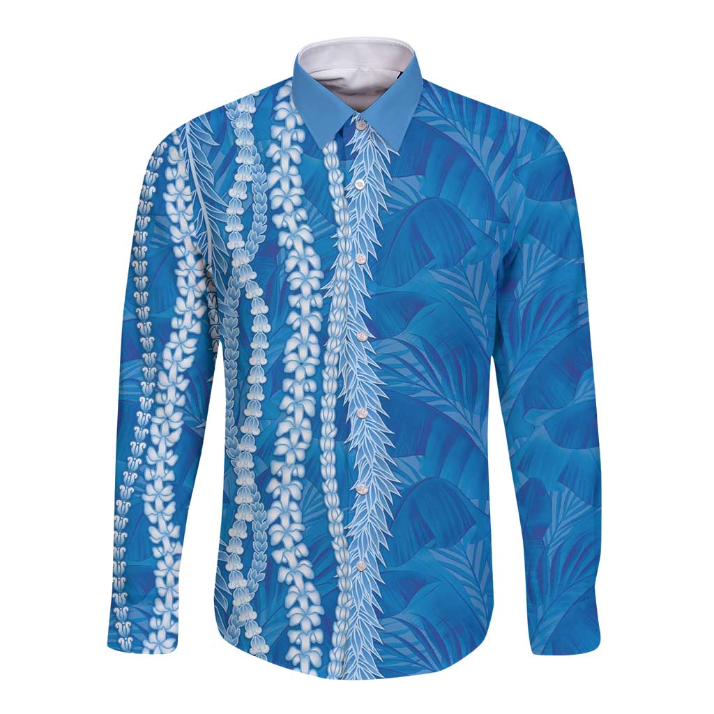 Hawaii Prince Kuhio Long Sleeve Button Shirt Blue Hawaiian Lau Maia With Leis LT05 Unisex Blue - Polynesian Pride