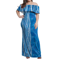 Hawaii Prince Kuhio Off Shoulder Maxi Dress Blue Hawaiian Lau Maia With Leis LT05 Women Blue - Polynesian Pride