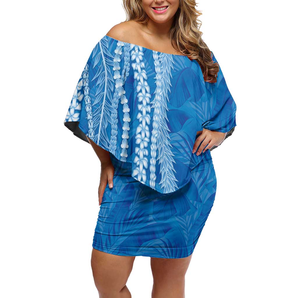 Hawaii Prince Kuhio Off Shoulder Short Dress Blue Hawaiian Lau Maia With Leis LT05 Women Blue - Polynesian Pride