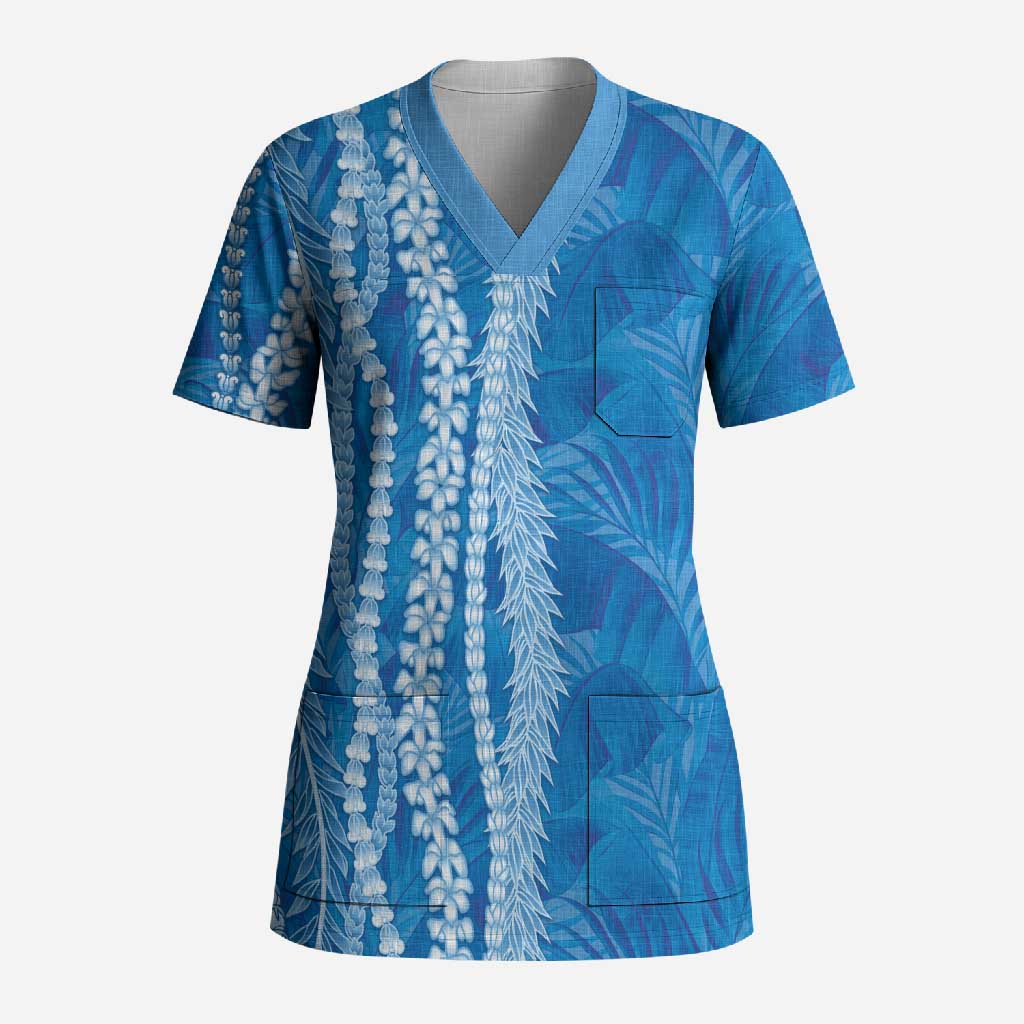 Hawaii Prince Kuhio Scrub Top Blue Hawaiian Lau Maia With Leis LT05 Adult Blue - Polynesian Pride