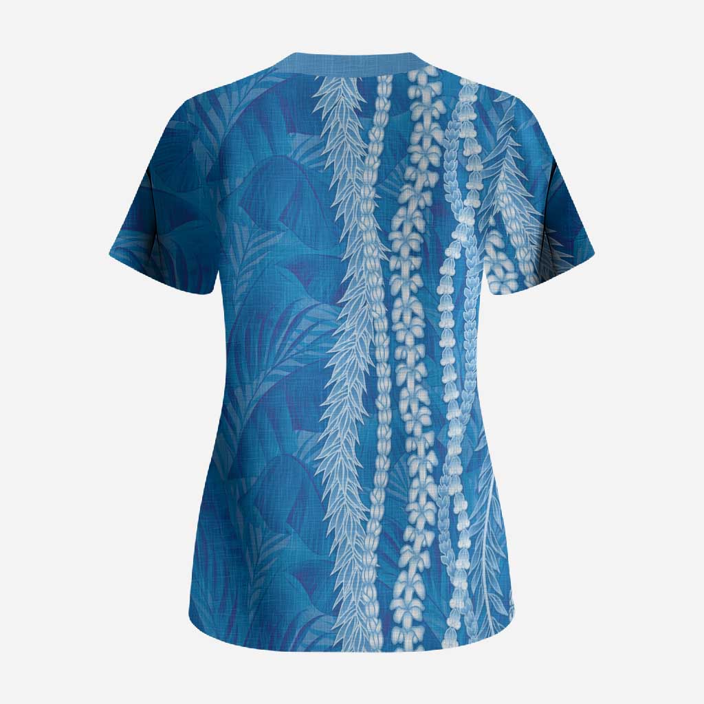 Hawaii Prince Kuhio Scrub Top Blue Hawaiian Lau Maia With Leis LT05 - Polynesian Pride