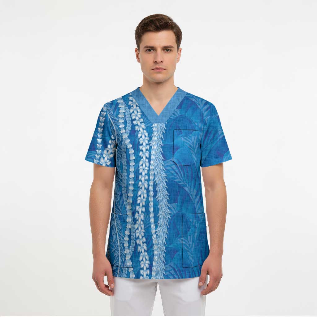 Hawaii Prince Kuhio Scrub Top Blue Hawaiian Lau Maia With Leis LT05 - Polynesian Pride