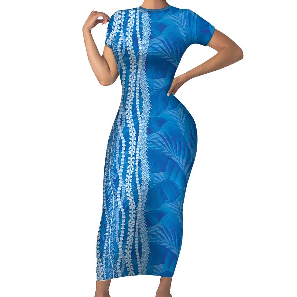 Hawaii Prince Kuhio Short Sleeve Bodycon Dress Blue Hawaiian Lau Maia With Leis