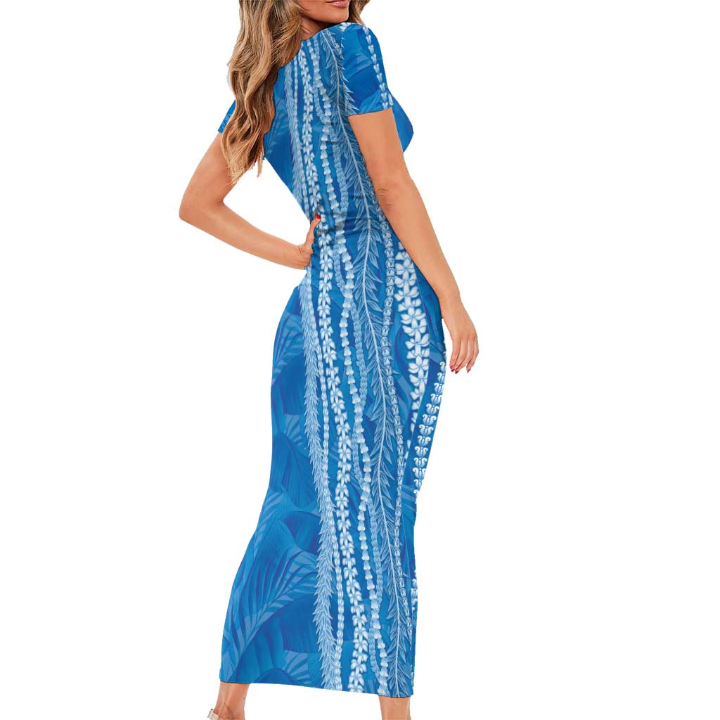 Hawaii Prince Kuhio Short Sleeve Bodycon Dress Blue Hawaiian Lau Maia With Leis