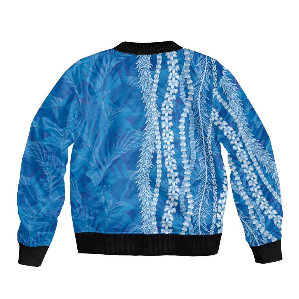 Hawaii Prince Kuhio Sleeve Zip Bomber Jacket Blue Hawaiian Lau Maia With Leis LT05 - Polynesian Pride