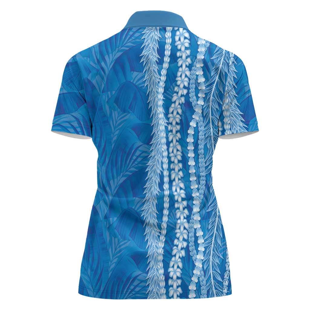 Hawaii Prince Kuhio Women Polo Shirt Blue Hawaiian Lau Maia With Leis