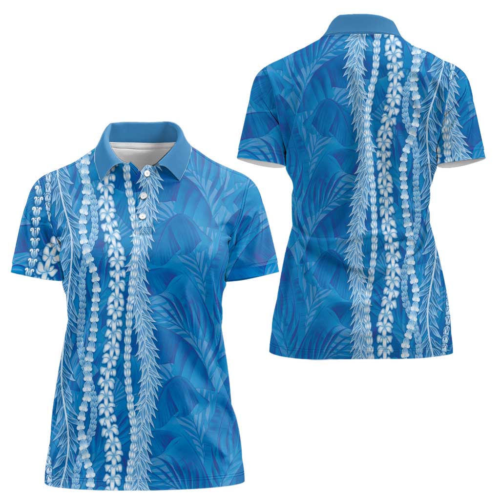 Hawaii Prince Kuhio Women Polo Shirt Blue Hawaiian Lau Maia With Leis