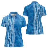 Hawaii Prince Kuhio Women Polo Shirt Blue Hawaiian Lau Maia With Leis